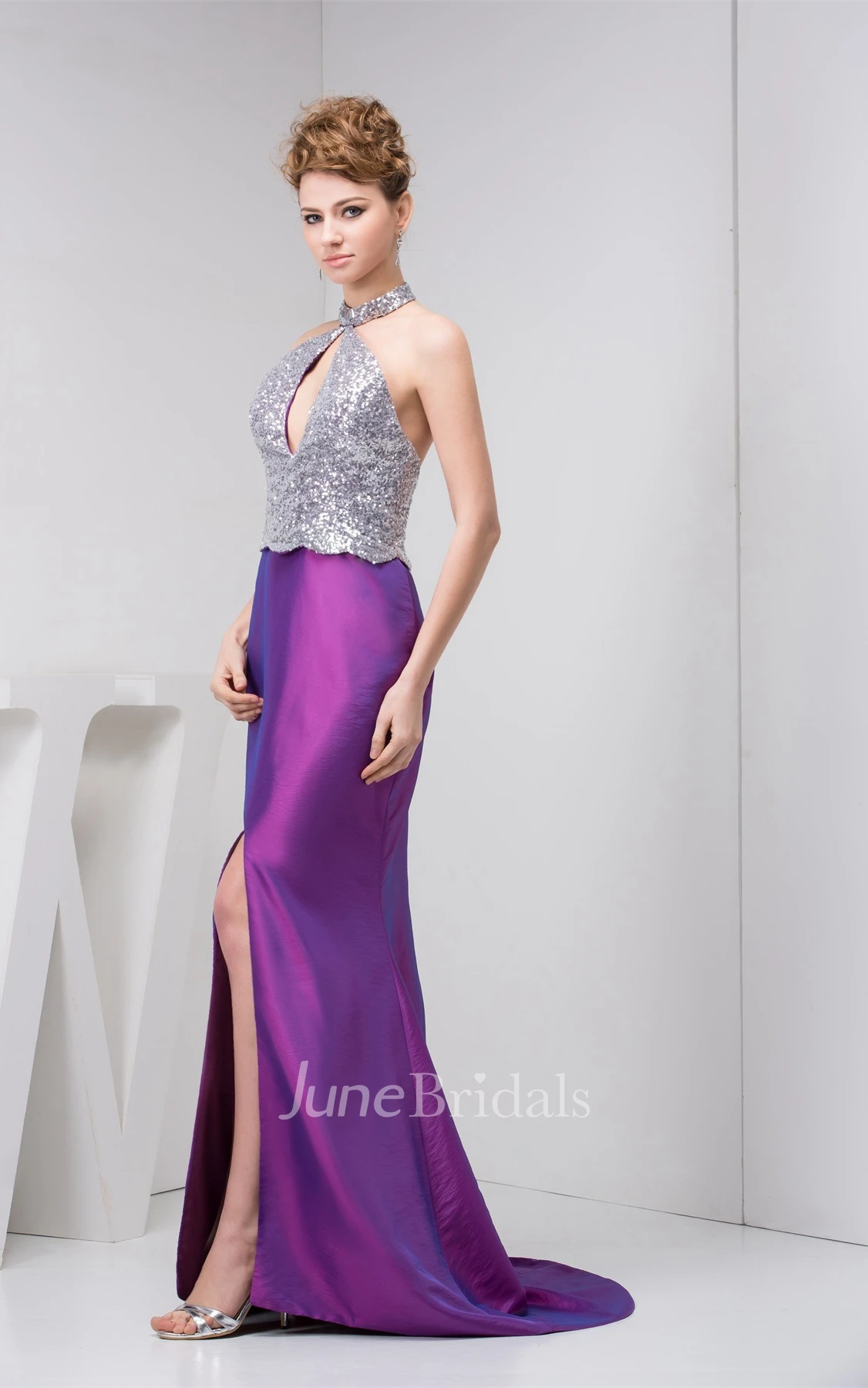 Sleeveless Mermaid Front-Split Dress with Sequins and Keyhole