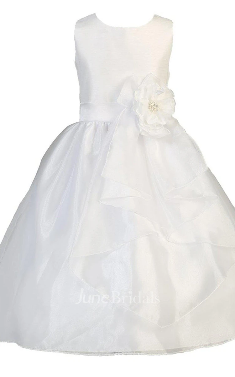 Sleeveless Scoop-neck Ruffled Dress With Flower