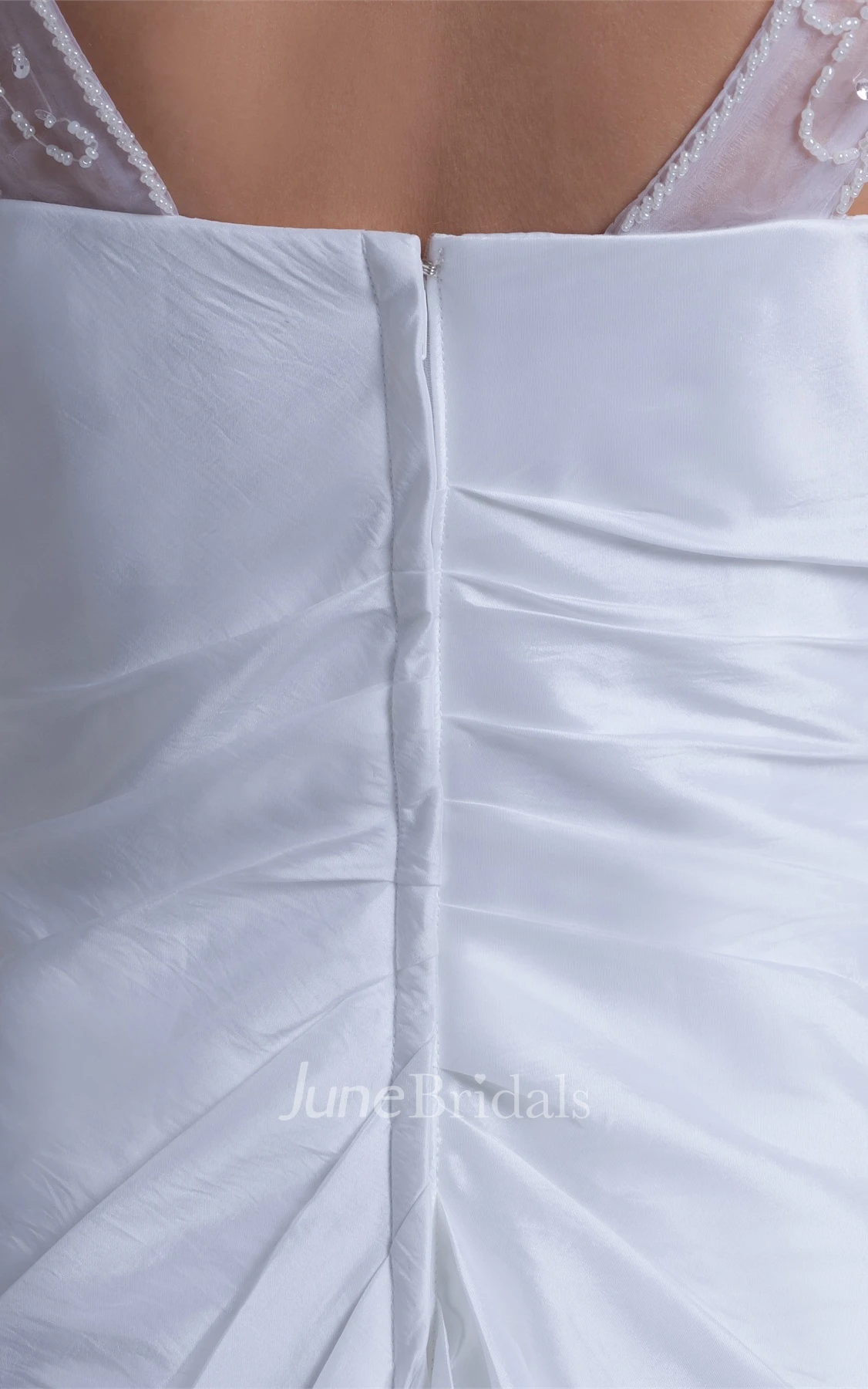 Caped-Sleeve Central-Ruched A-Line Dress with Beading and Sweep Train