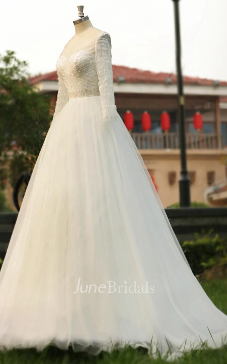 Ball Gown V-Neck Illusion Illusion Brush Train Backless Zipper Illusion Tulle Dress