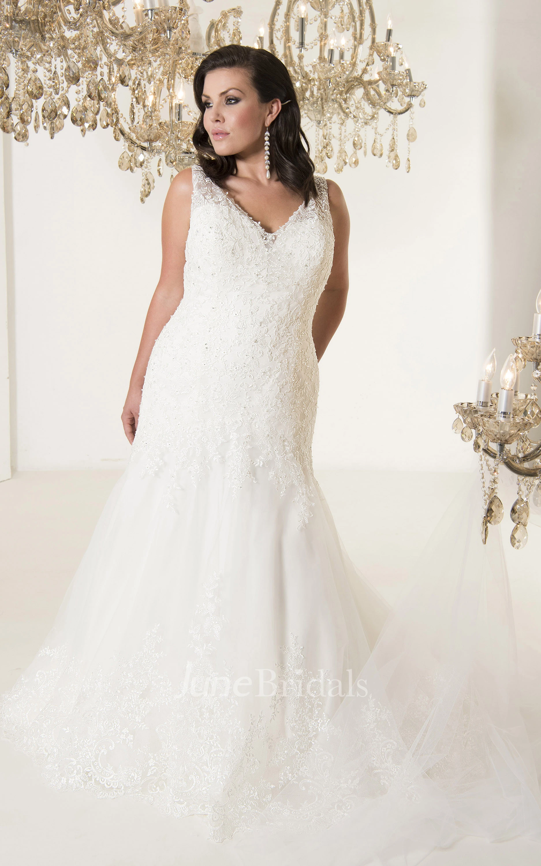 Trumpet Long V-Neck Sleeveless Tulle Court Train Corset Back  Dress