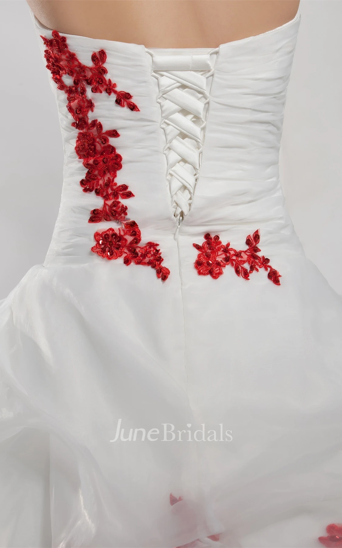 Two-Tone Strapless Ruched Tulle Ball Gown with Flower and Appliques