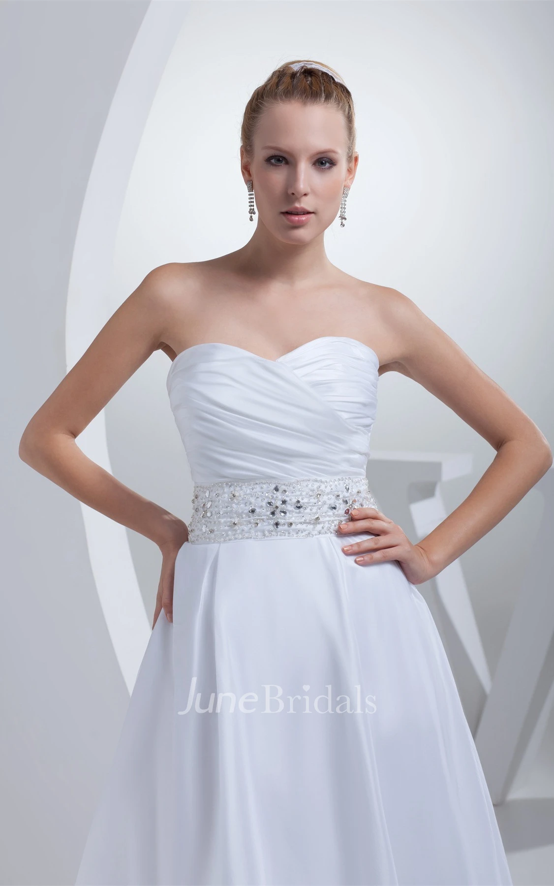 Sweetheart Tea-Length A-Line Dress with Ruching and Jeweled Waist