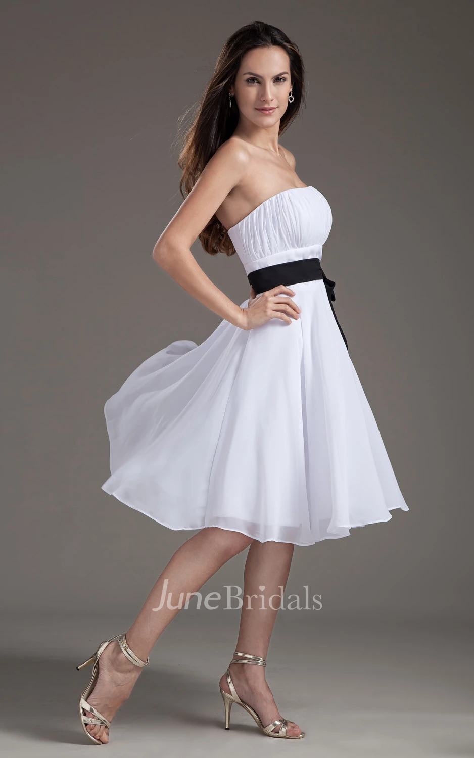 Strapless Midi Chiffon Dress With Bow And Sash