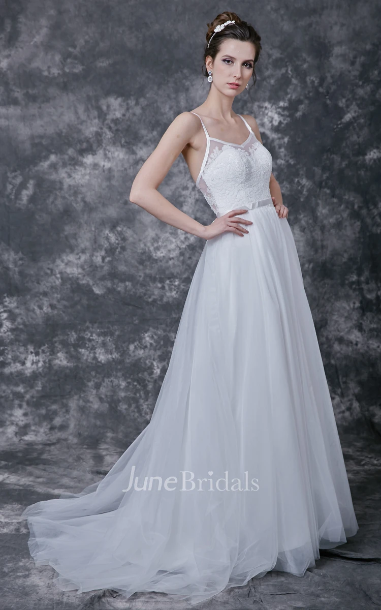 Spaghetti Strap Low V Neck Long Tulle Dress With Sash and Lace Detailing