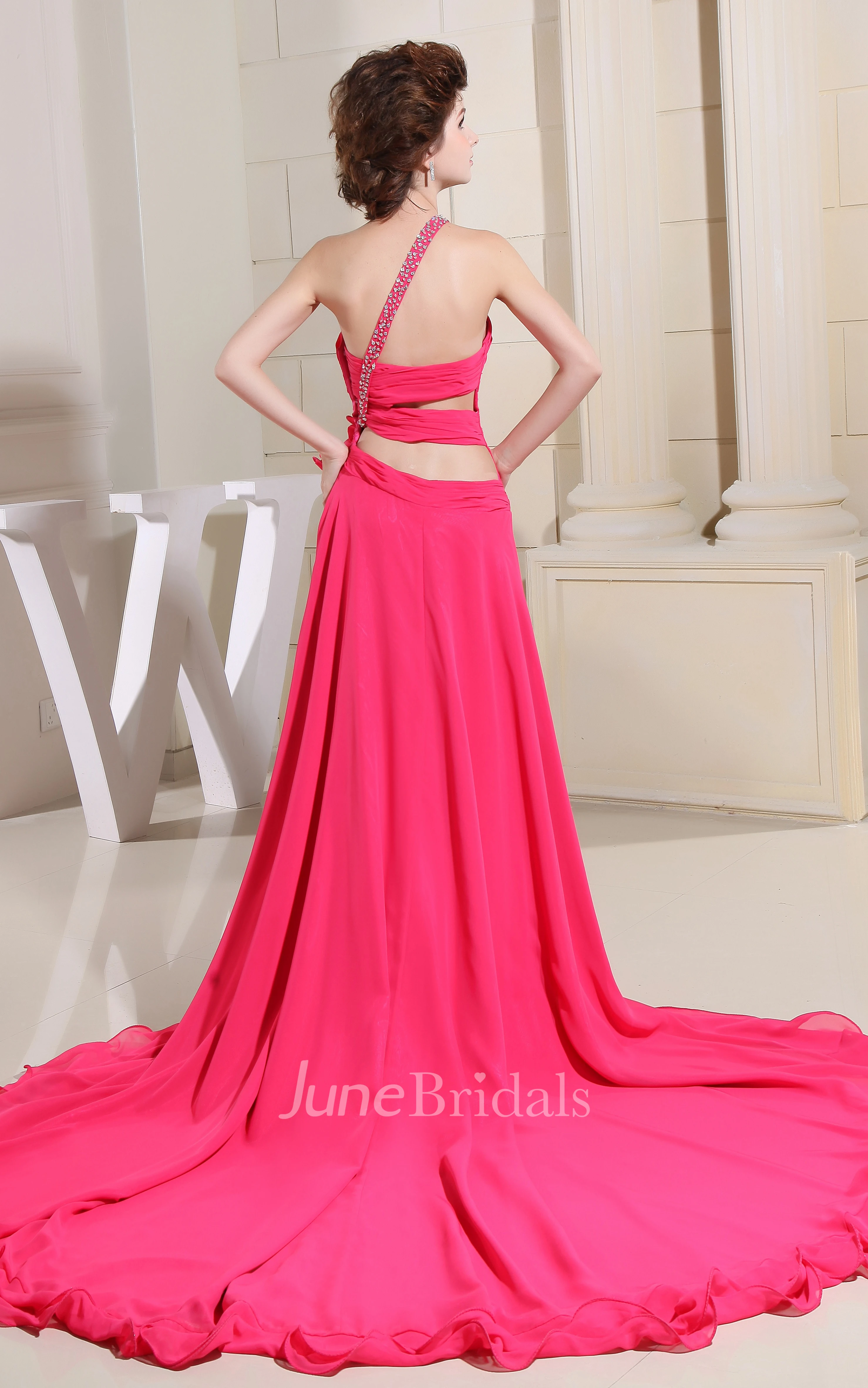 Sleeveless Chiffon High-Low Dress With Ruffles and Beaded Strap