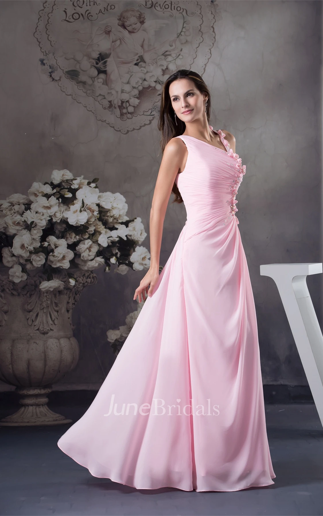 Pastel Sleeveless Ruched Chiffon Maxi Dress with Flower and Stress
