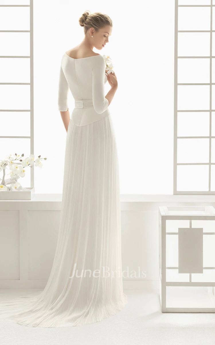 Off-shoulder Sheath Pleated 3/4 Sleeved Dress With Belt and Dropped Waistline