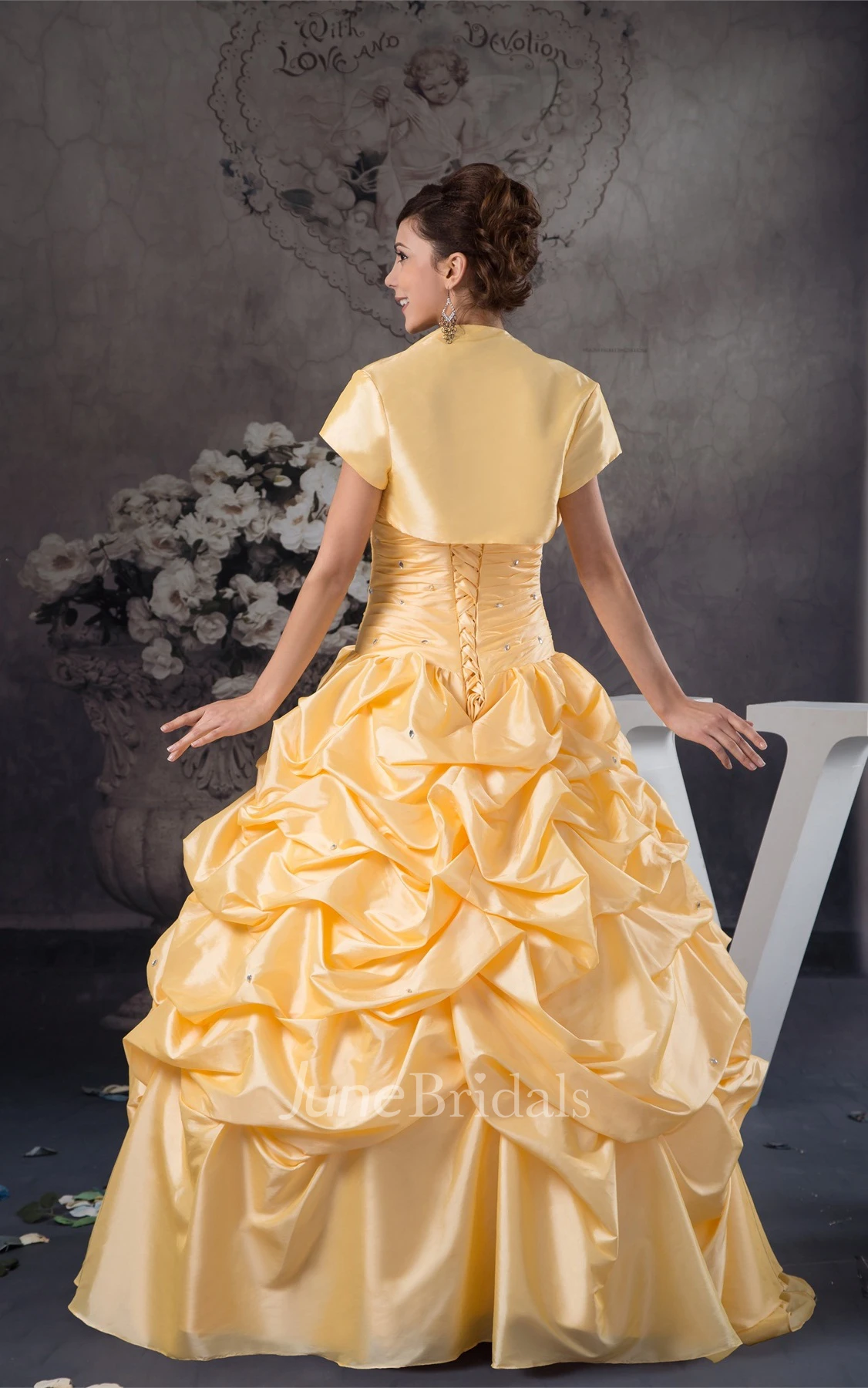 Strapless Ruched Pick-Up Ball Gown with Bow and Bolero