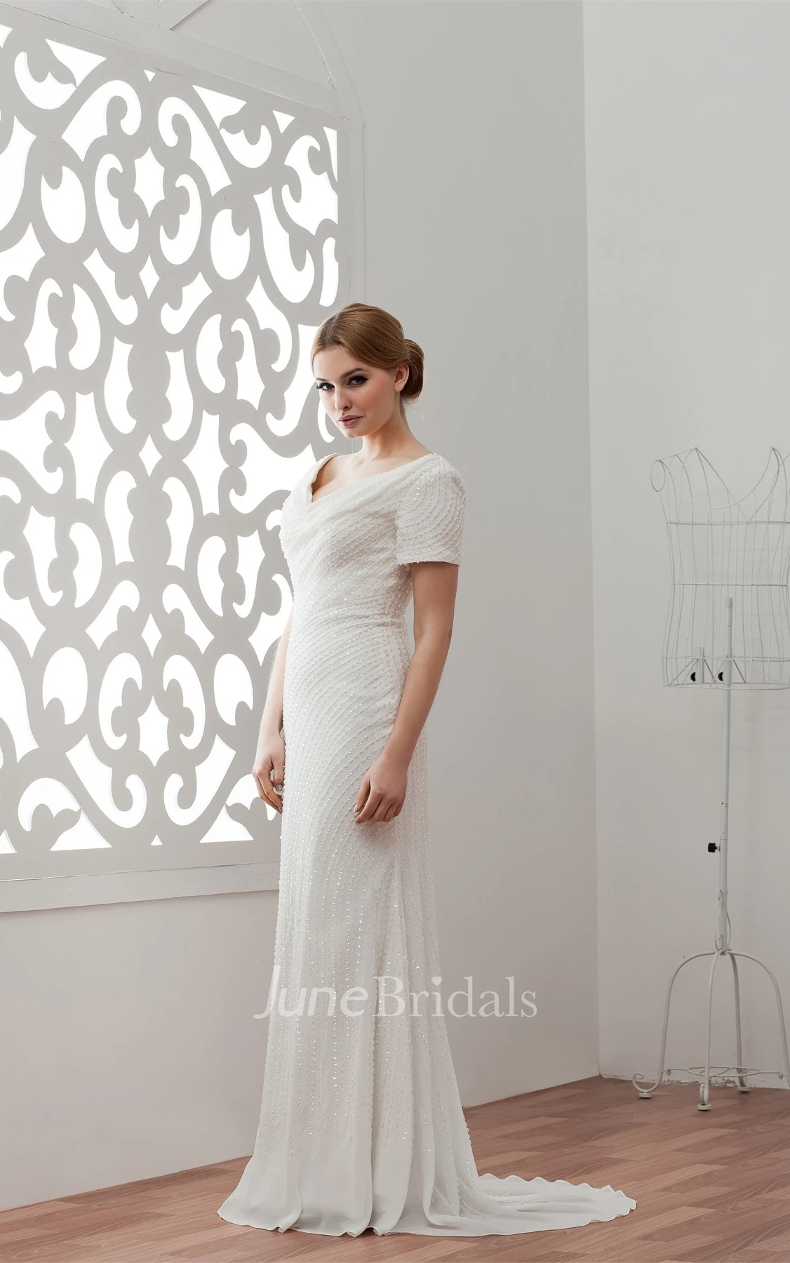 Short-Sleeve V-Neck Sheath Dress with Beading and Brush Train