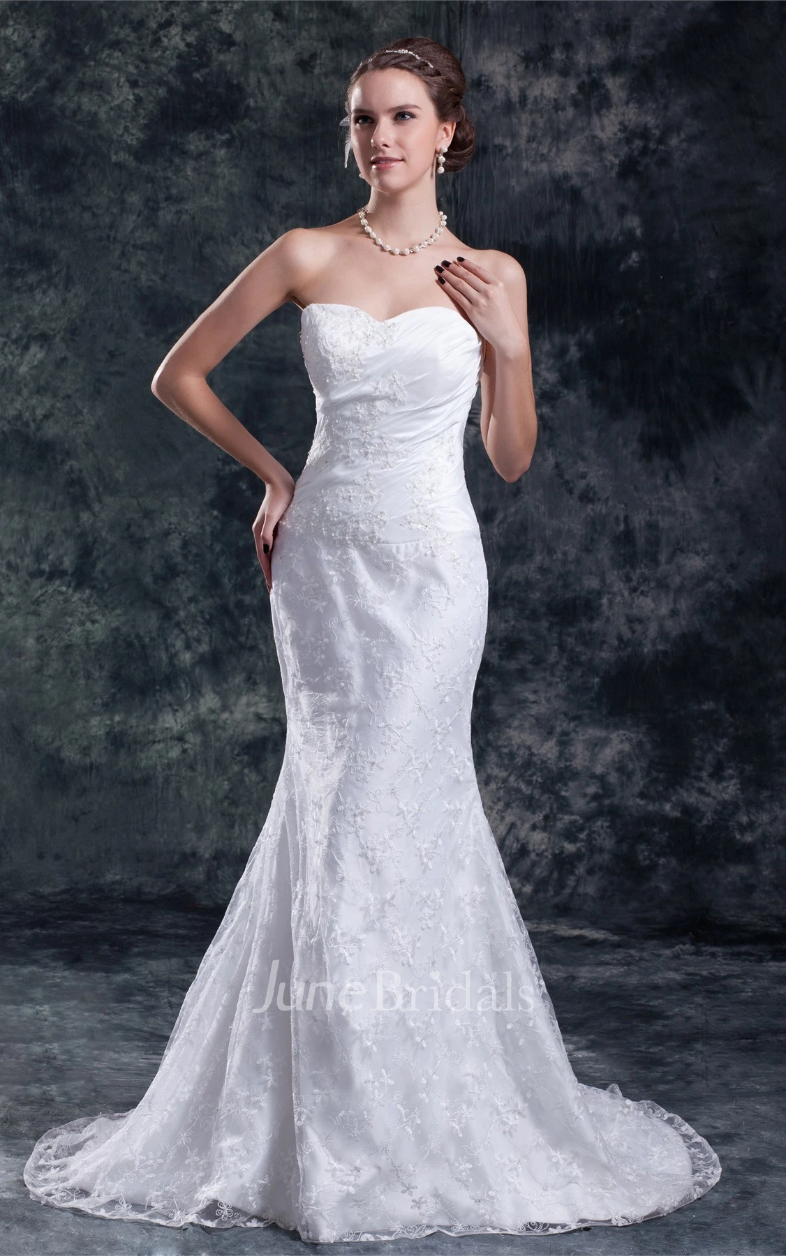 exquisite ruched sheath sweetheart dress with sweep train and lace