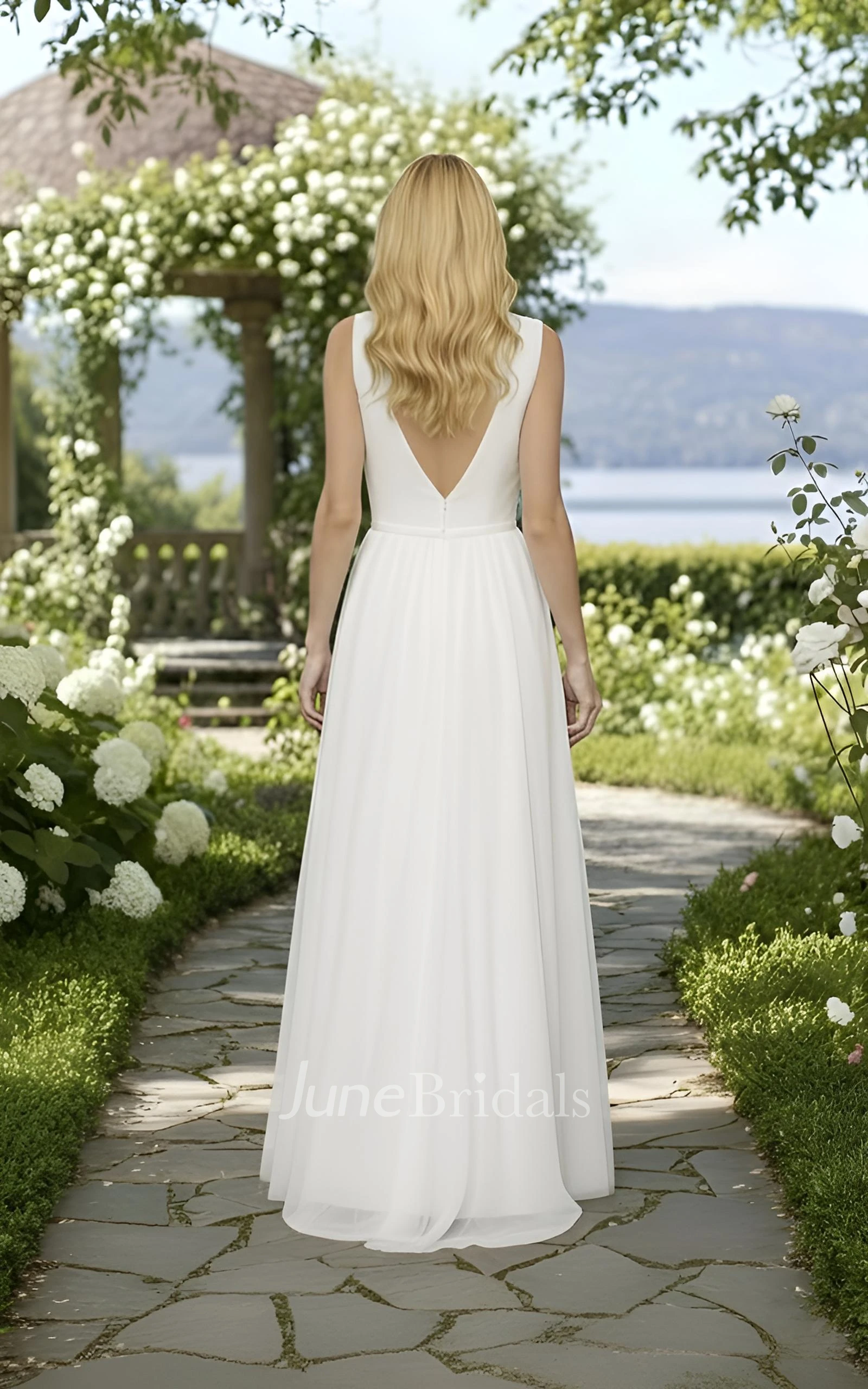 A-Line Lace Wedding Dress V-Neck Sleeveless Chiffon Gown for Garden & Outdoor Wedddings