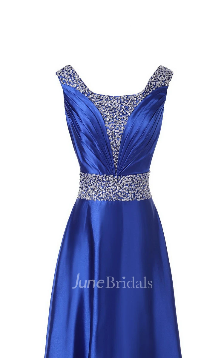 Sleeveless Pleated Satin Dress With Beading Belt and Trim