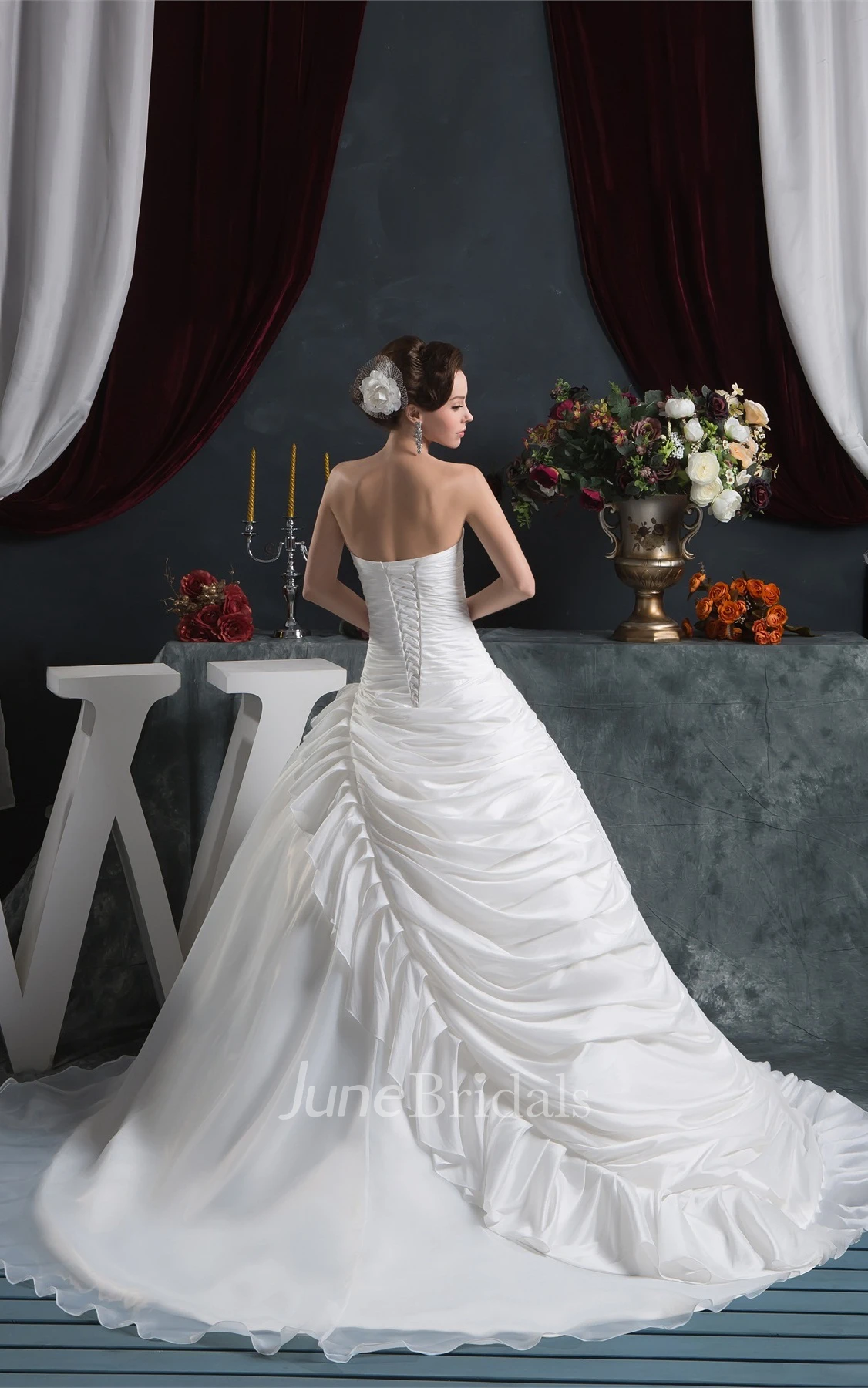 Strapless Side-Ruched Ball Gown with Broach and Flower