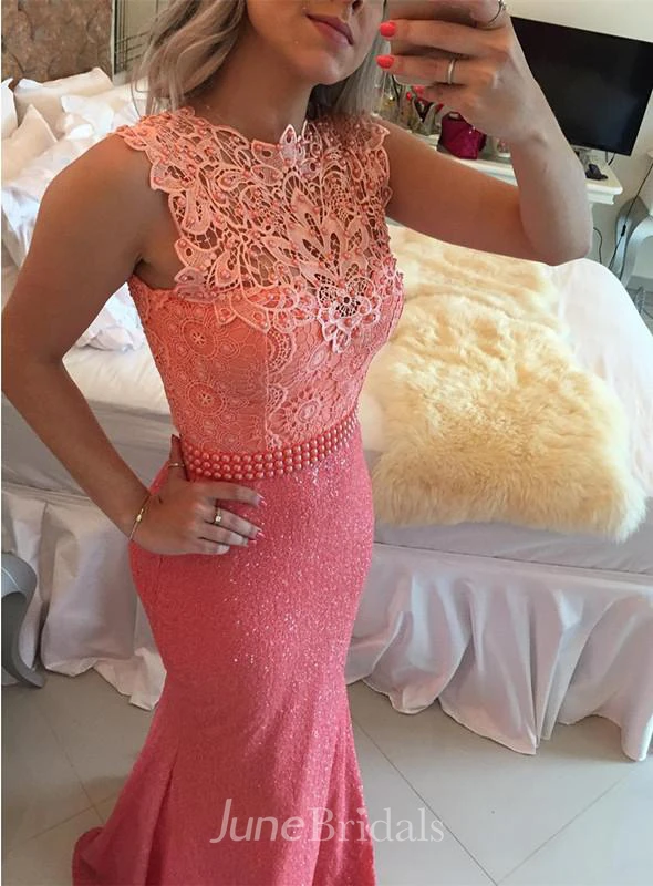 Timeless Sleeveless Lace Pearls Prom Dresses Mermaid Long Zipper Back