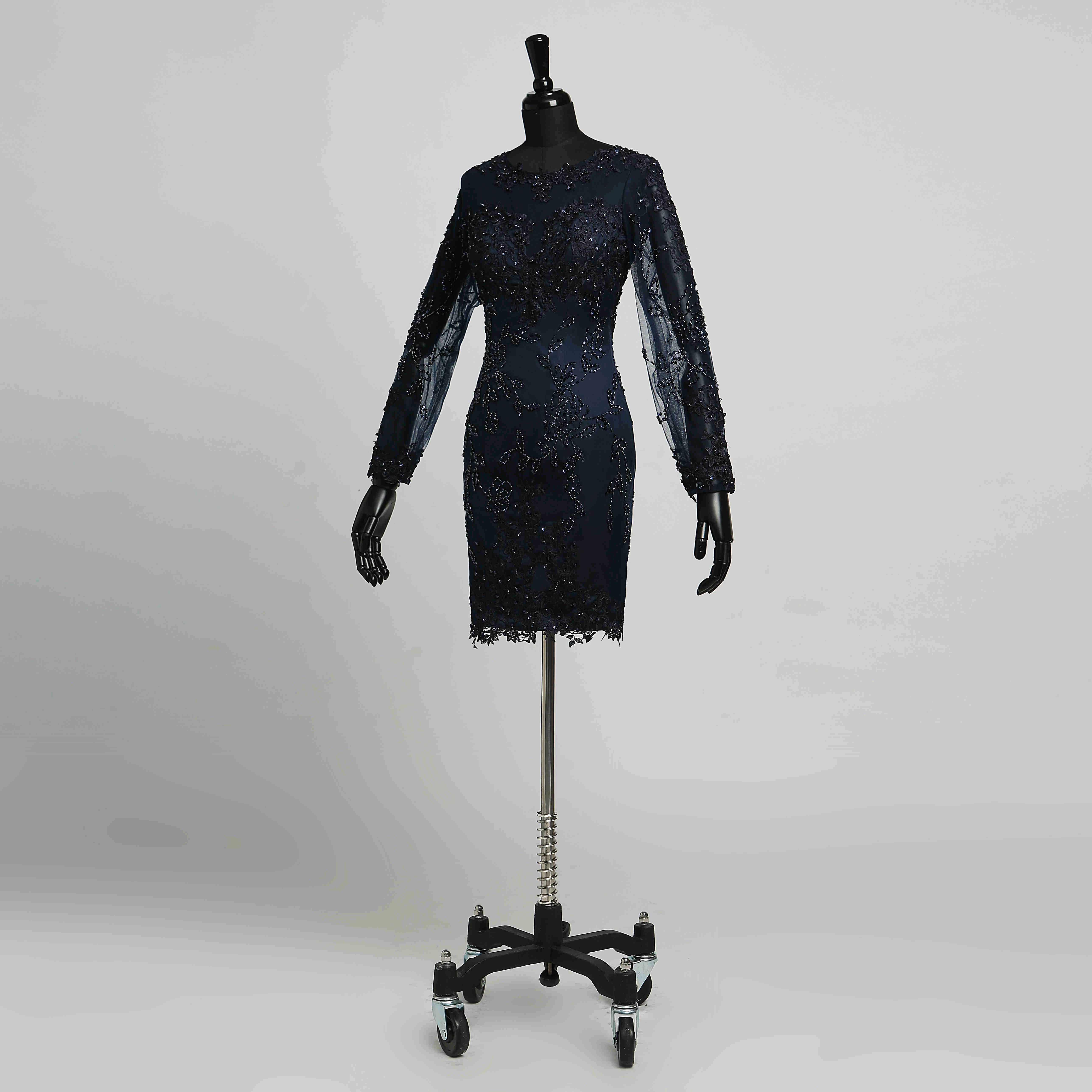 Bodycon Scoop Satin Elegant Knee-length Long Sleeve Zipper Dress with Appliques Sequins