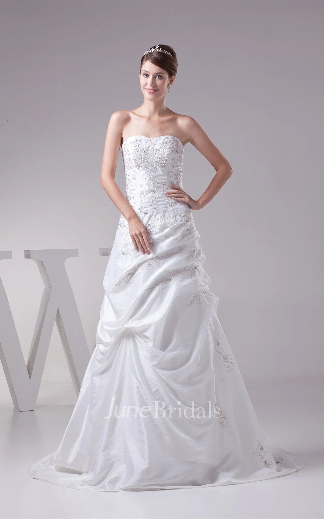 Strapless Embroidered Pick-Up Gown with Corset Back and Brush Train