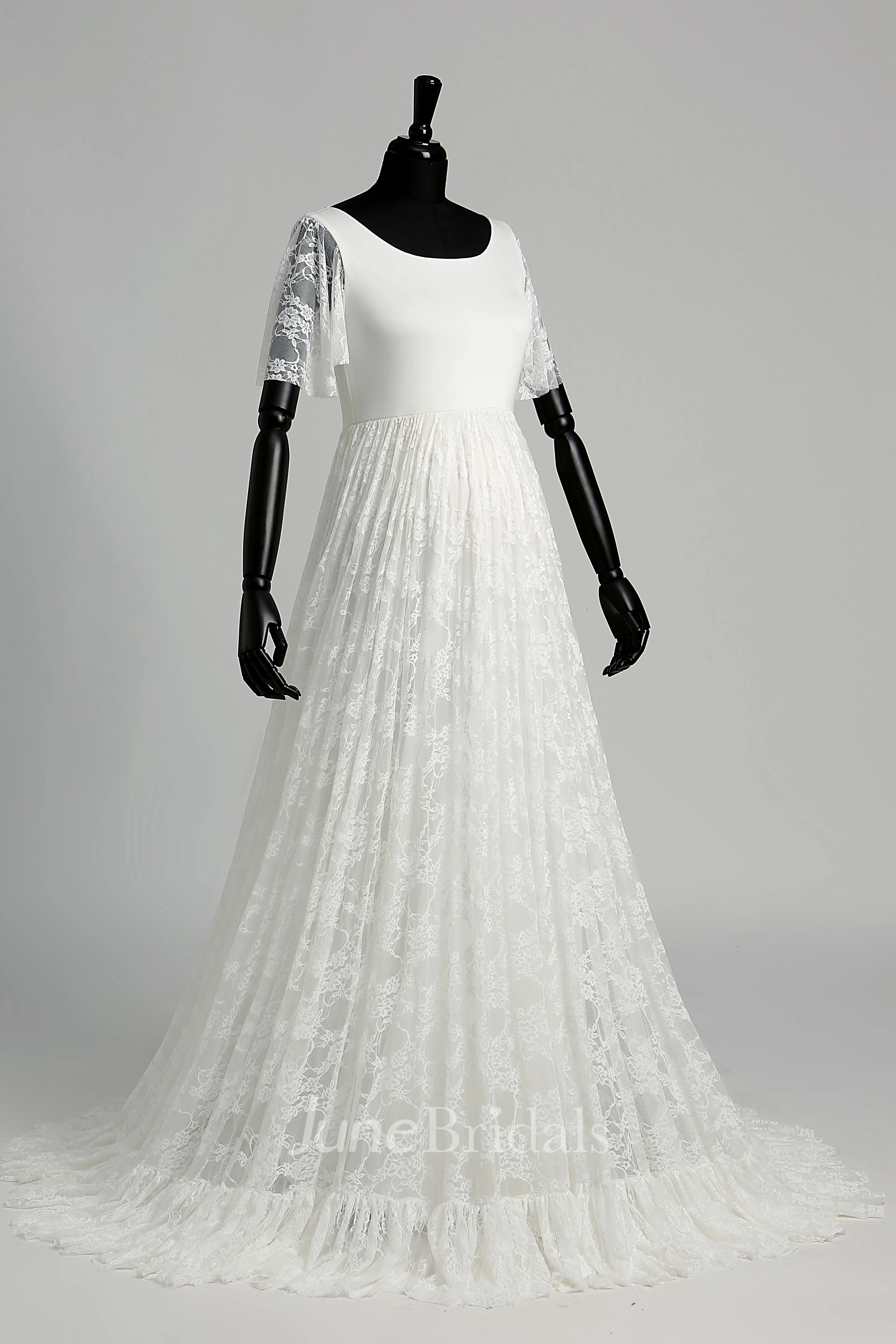 Floor-length Sweep/Brush Train A-line Scoop Illusion Short Sleeve Satin Lace Maternity Weeding Dress