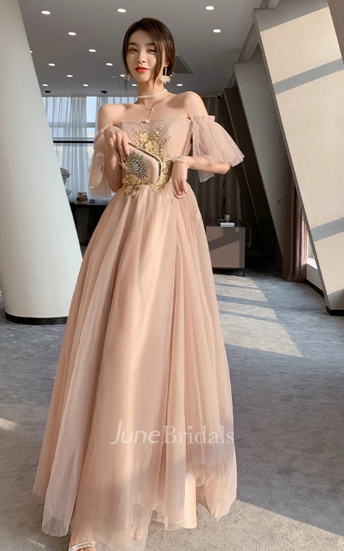 Romantic Tulle Off-the-shoulder V-neck A Line Evening Formal Dress With Appliques