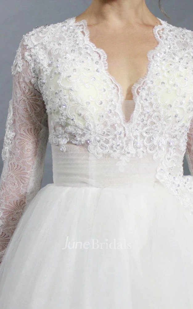 V-Neck Long Sleeve Tulle A-Line Wedding Dress With Beading - June Bridals