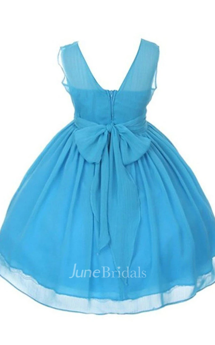 Cap-sleeved A-line Pleated Dress With Bow and Beadings