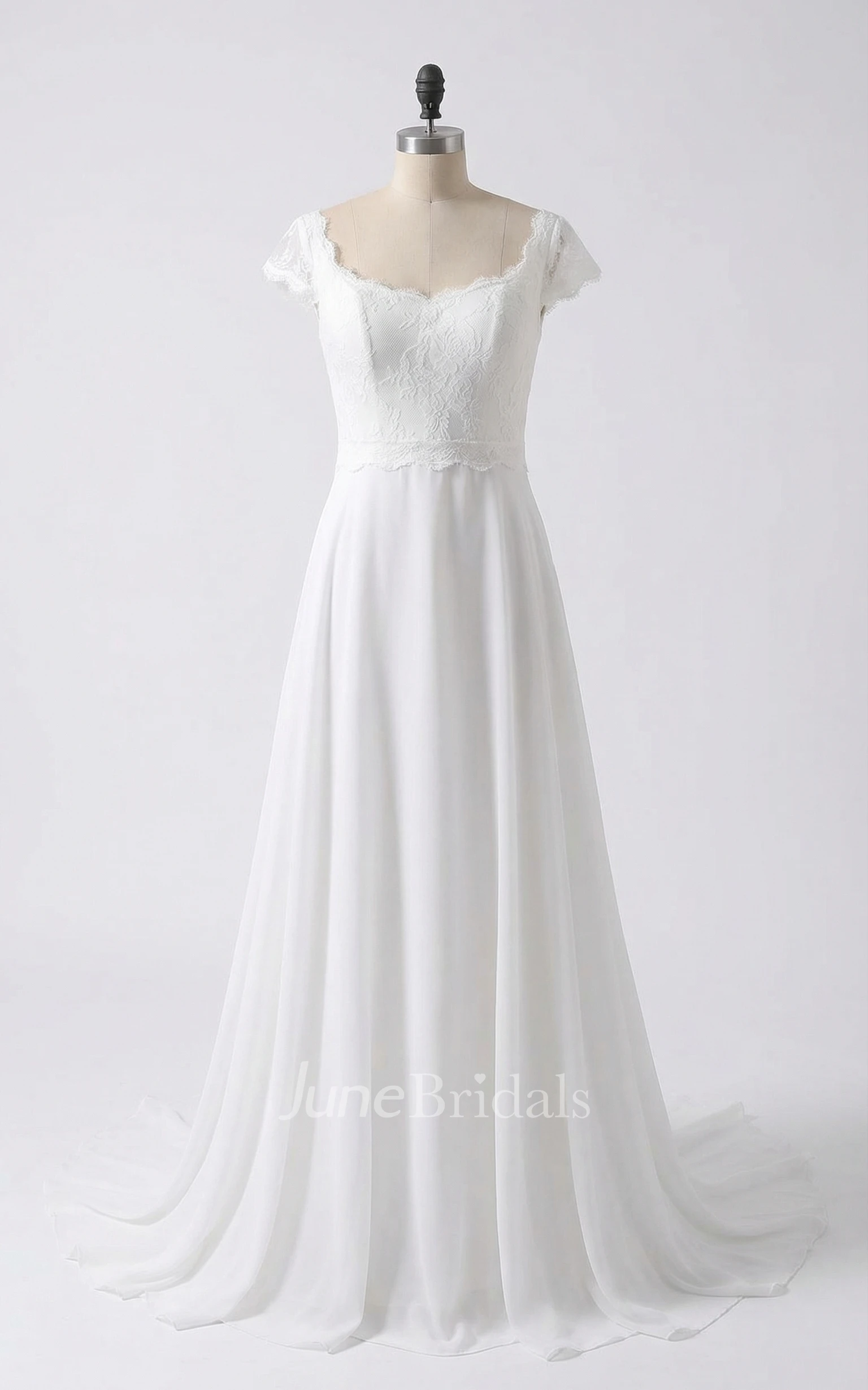A-Line Cap Sleeve Lace Wedding Dress with Illusion Open Back for Country Occasions