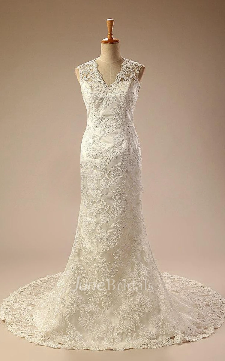 V-Neck Sleeveless Sheath Satin Wedding Dress With Appliques And Keyhole Back