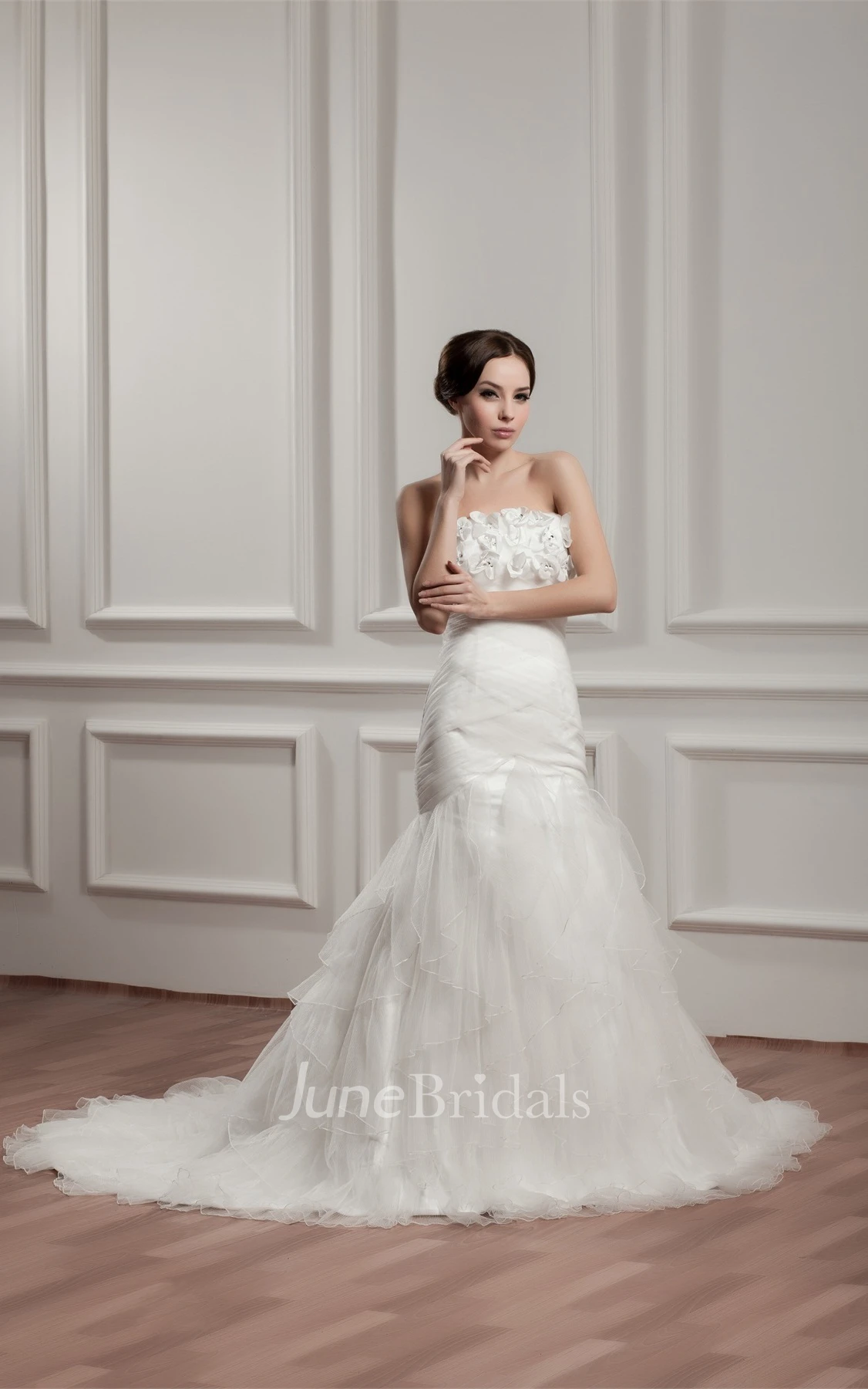 Strapless Mermaid Tulle Dress with Ruffles and Flower