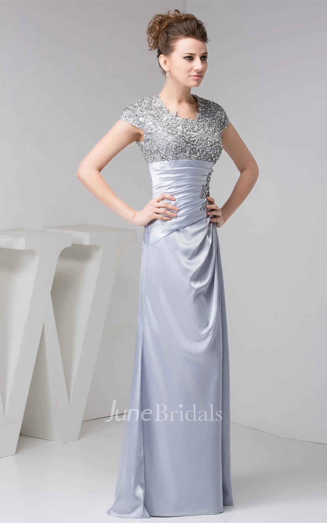 Caped-Sleeve Ruched Sheath Dress with Jewels and Appliques