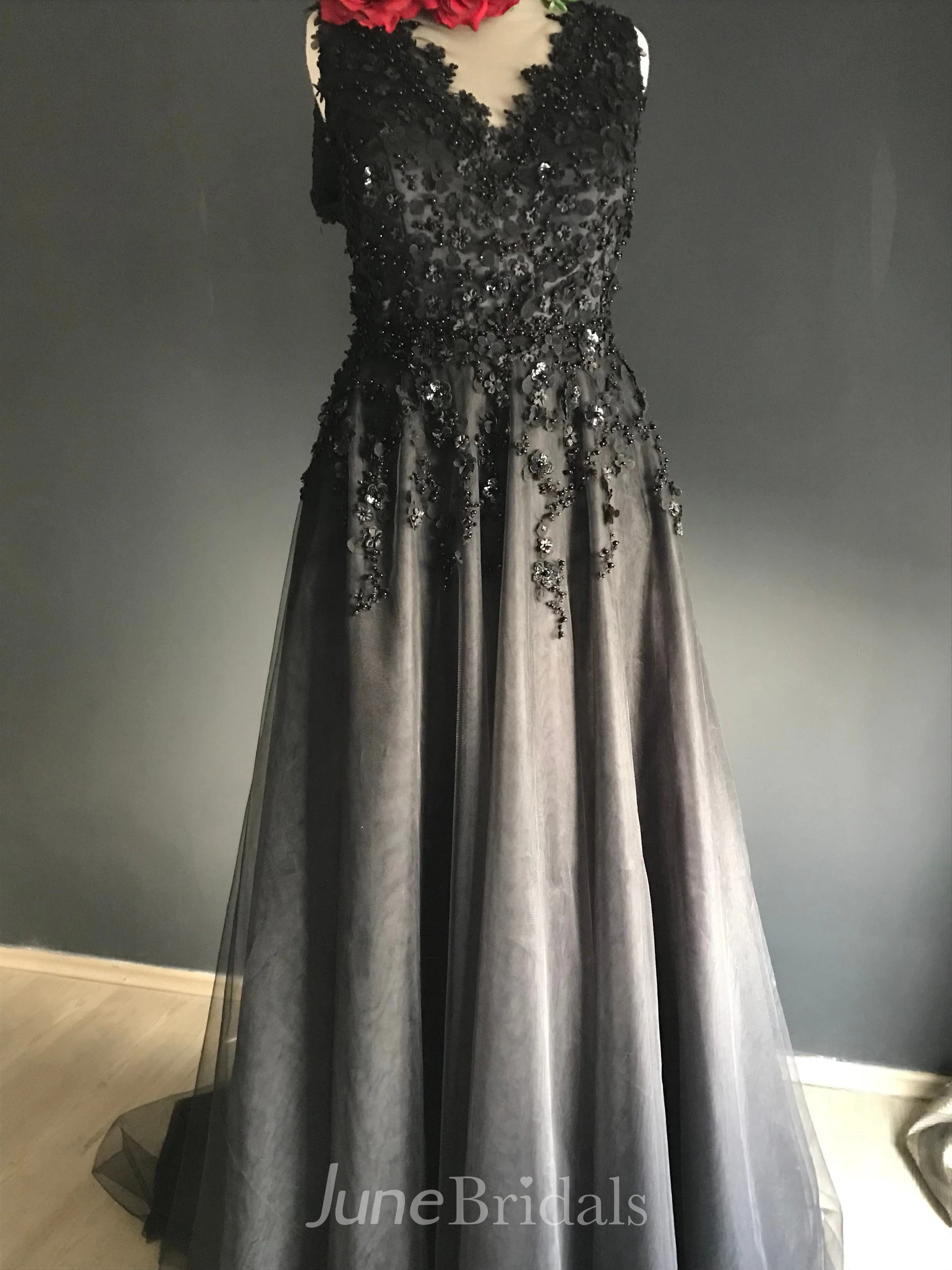 Sheath V-neck Floor-length Sleeveless Deep-V Back With Appliques Lace Sequins Black Wedding Dress