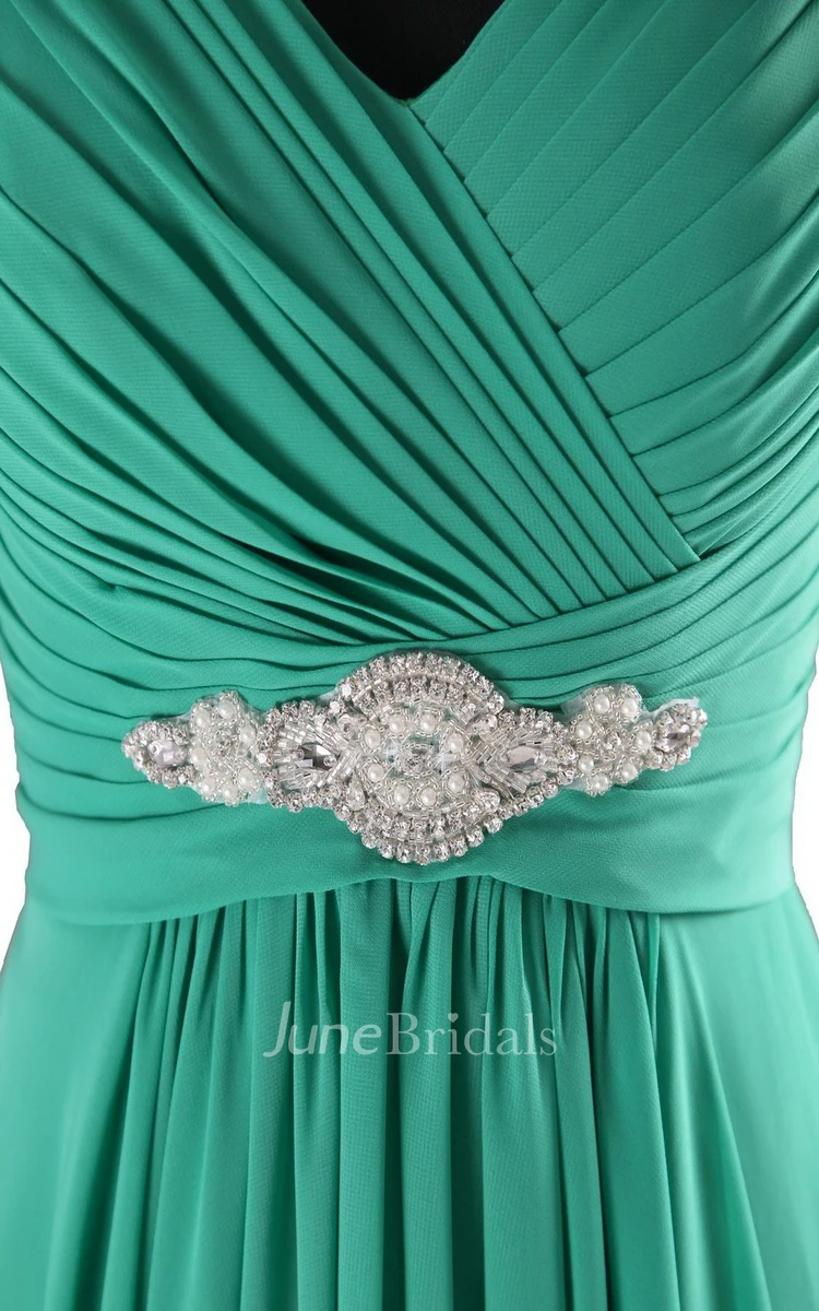 Sleeveless V-neck Long Empire Beaded Chiffon Dress