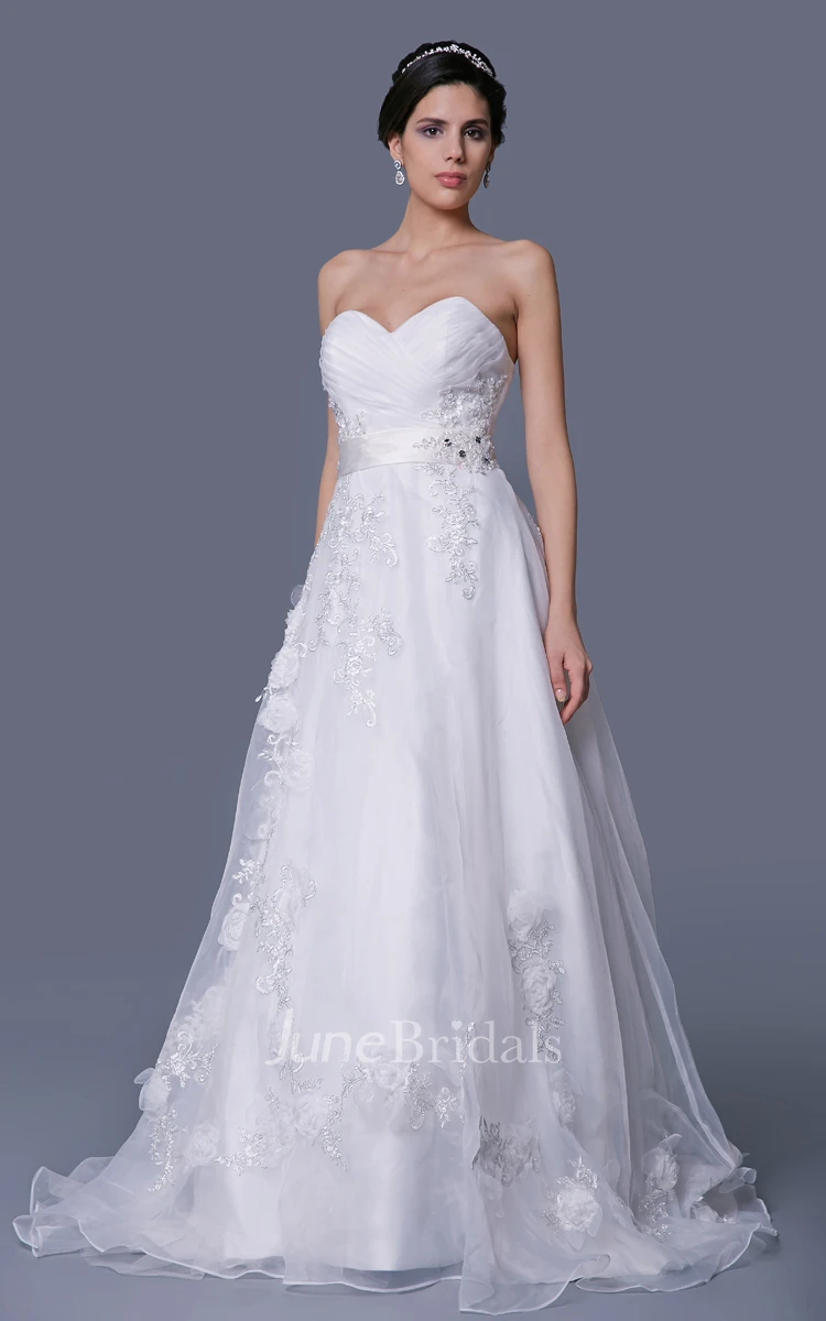 Sweetheart Organza Bodice-Ruched A-Line Dress With Flowers and Appliques