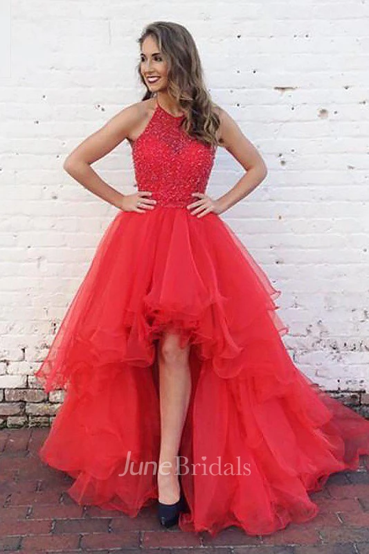 Halter Sleeveless Beading Asymmetrical Organza Dress Online