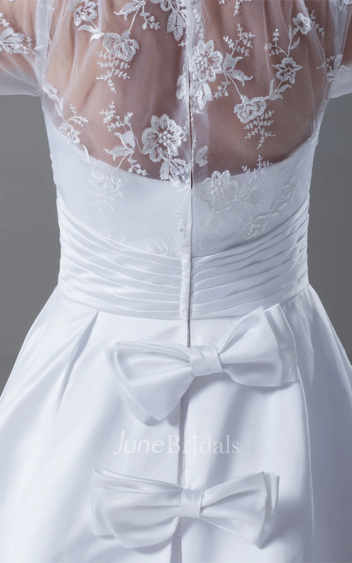 3-4-sleeve a-line lace gown with bow and illusion