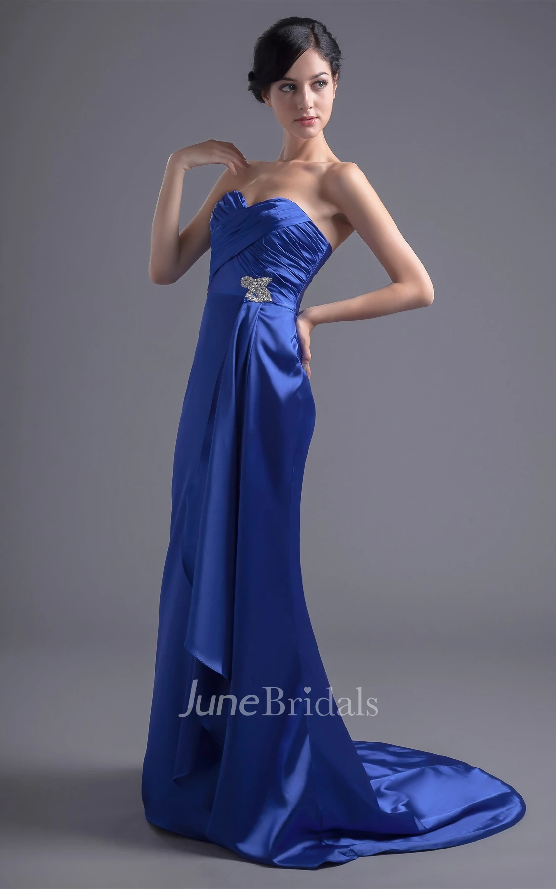 sweetheart sheath criss-cross dress with brush train and draping