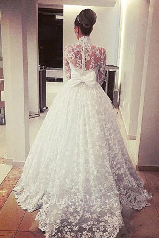 High Collar A Line Modest Princess Appliques Long Sleeve Lace Bridal Gown