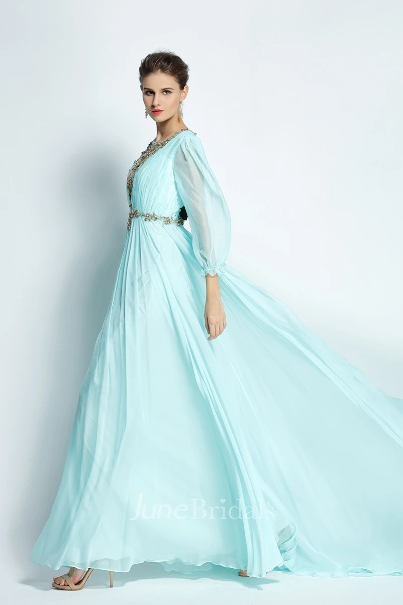 A-Line Bateau Puff Balloon Long Sleeve Floor-length Chiffon Prom Dress with Beading and Deep-V Back 