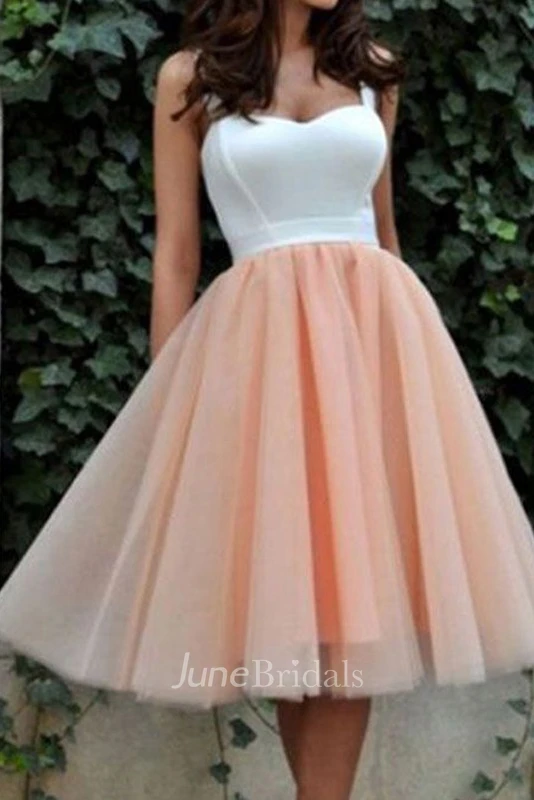 A-line Ball Gown Straps Sleeveless Pleats Tea-length Satin Organza Homecoming Dress