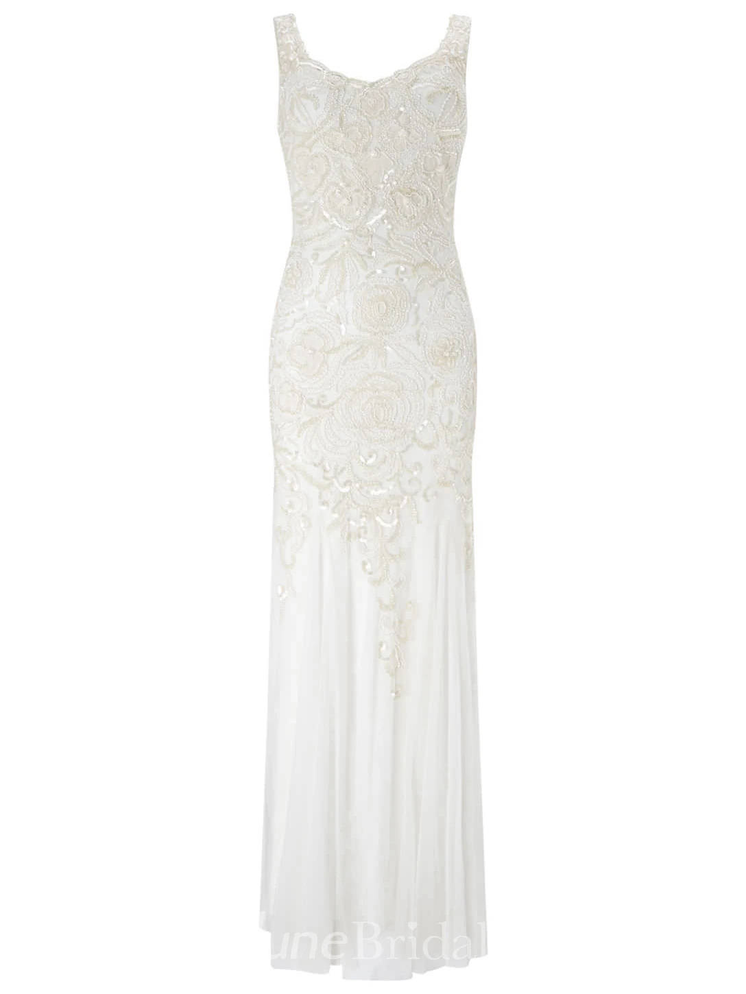 Sheath Sequined V-Neck Sleeveless Tulle Wedding Dress With Beading