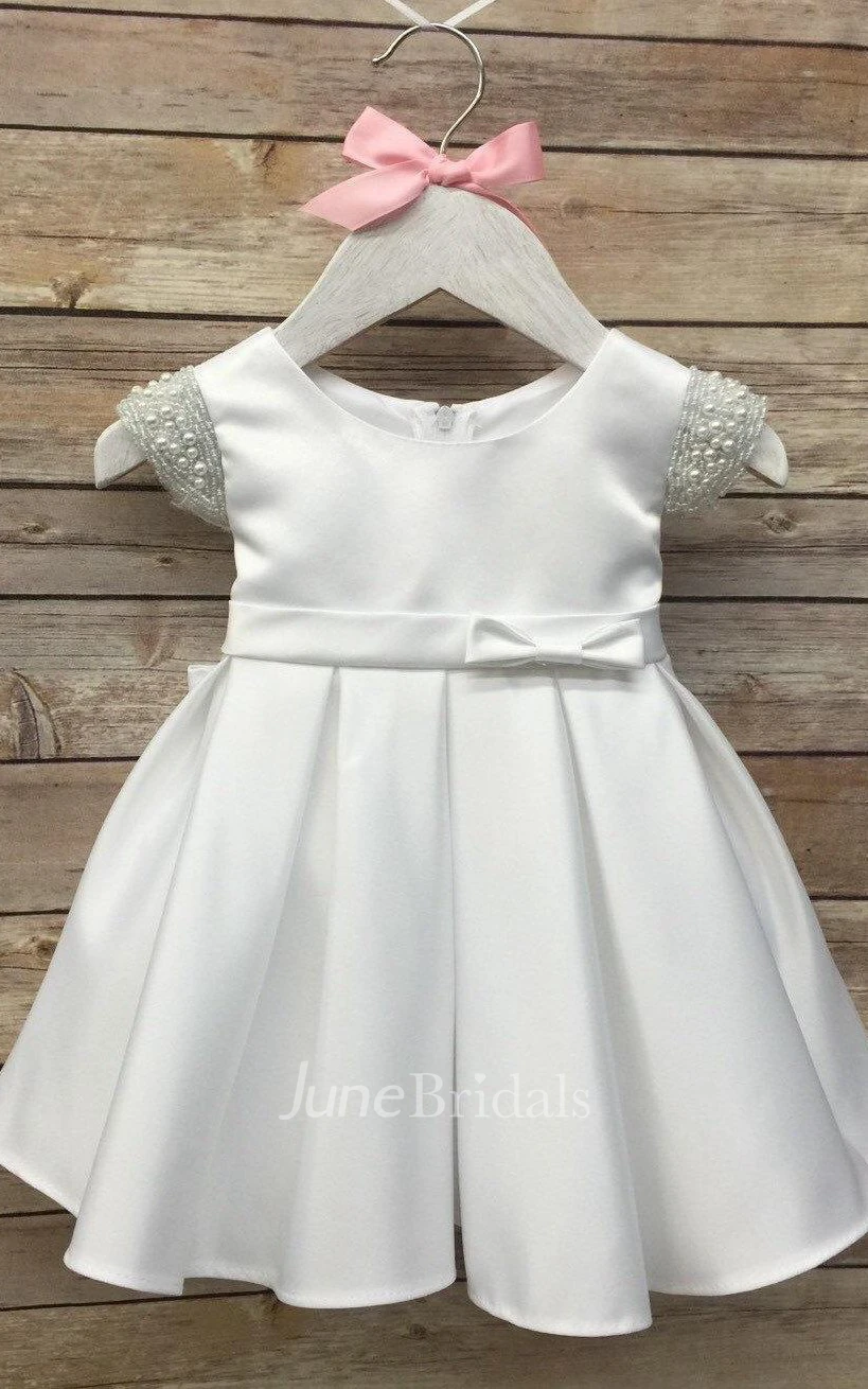 Beautiful Pearl Cap Sleeve Scoop Satin Dress