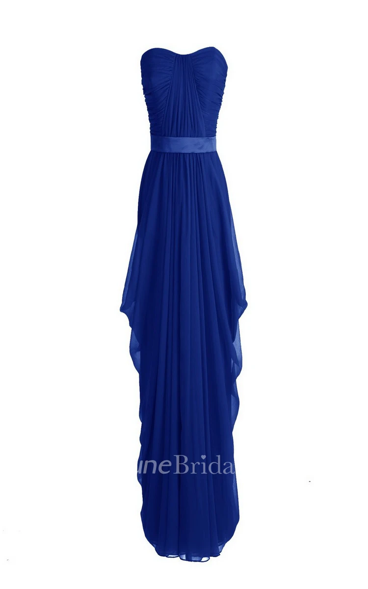 Strapless Asymmetrical Chiffon Gown With Pleats