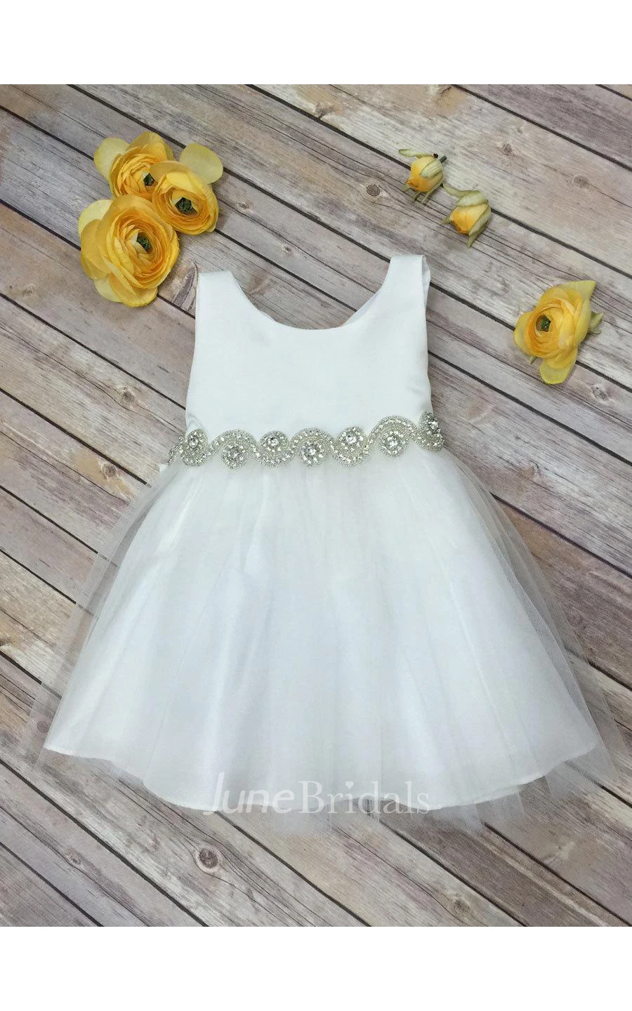 Satin Bodice Sleeveless Tulle Flower Girl Dress With Rhinestone Belt
