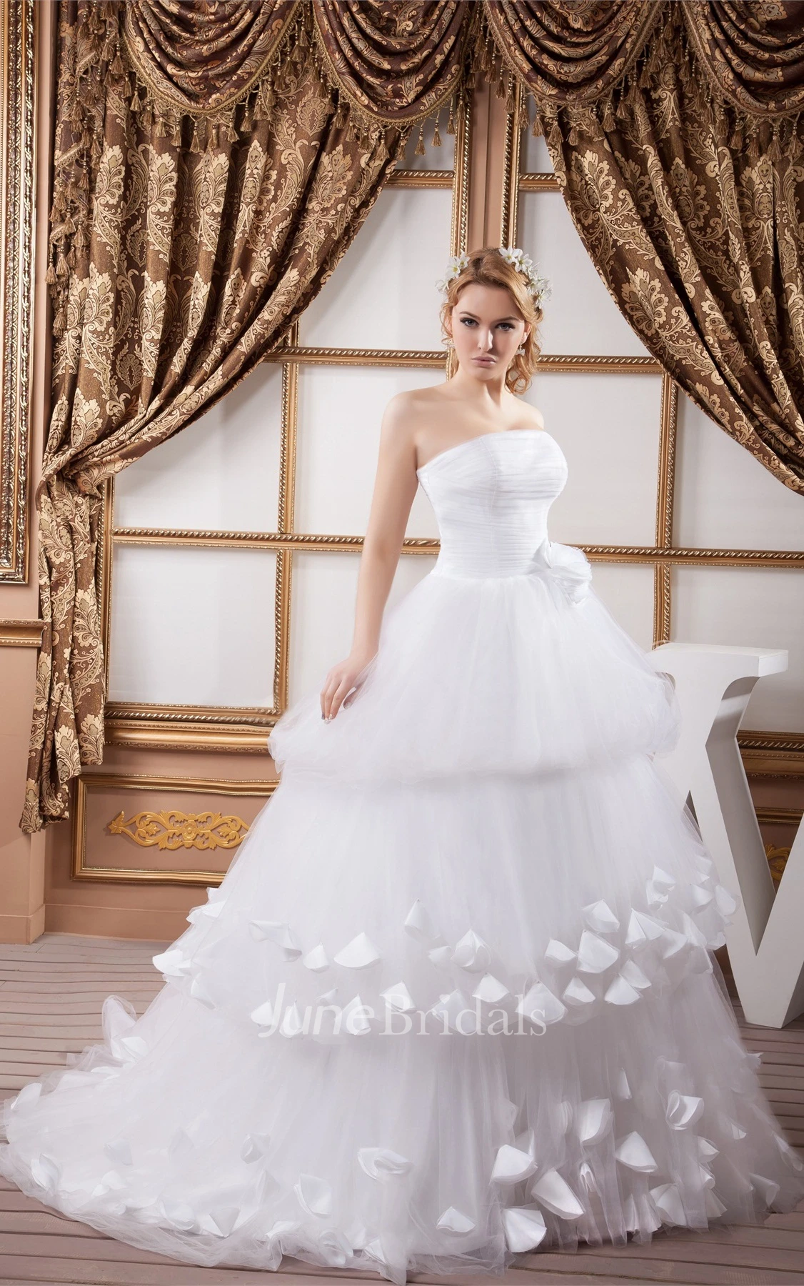 Strapless Tulle Ball Gown with Tiers and Flower