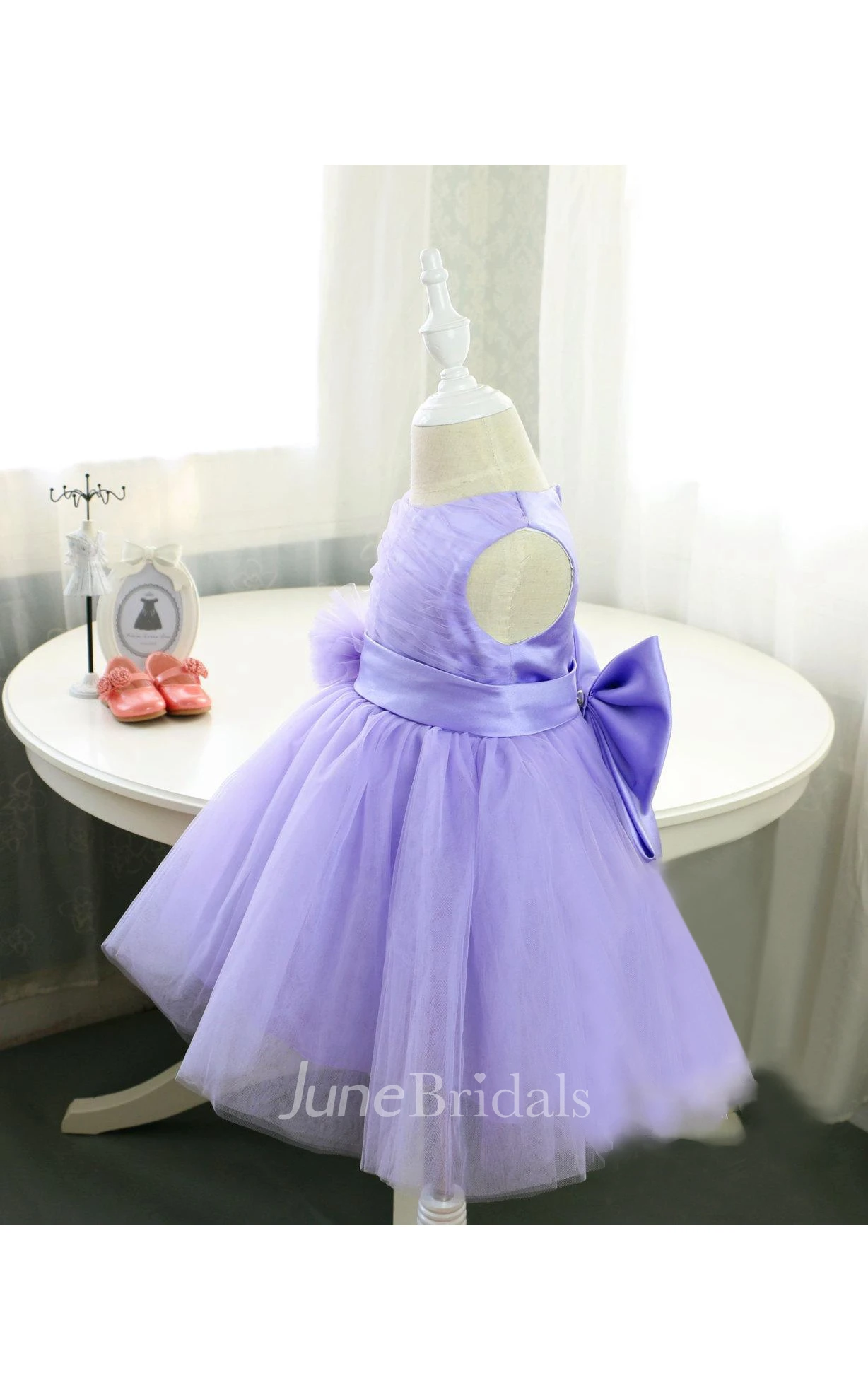 Sleeveless High Neck Ruched Organza Dress With Purple Sash