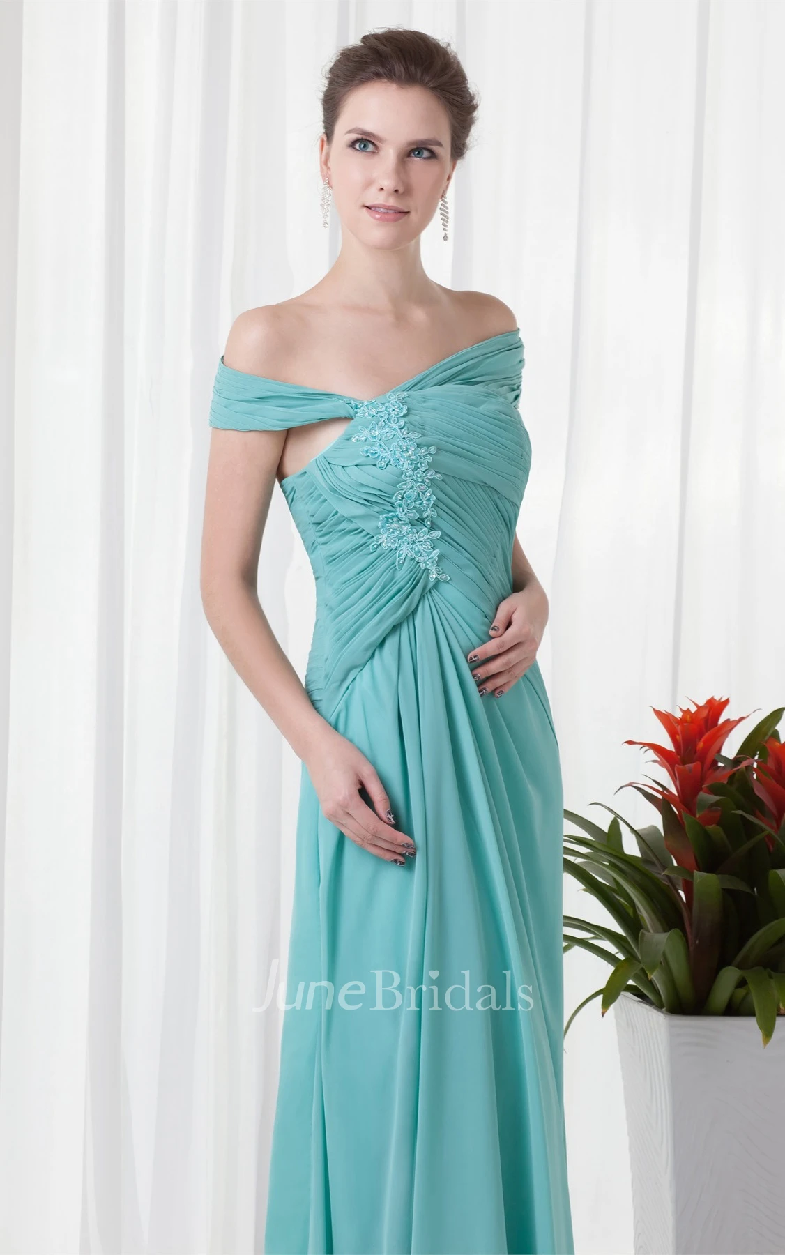 Off-The-Shoulder Chiffon Front-Split Dress with Ruching and Appliques