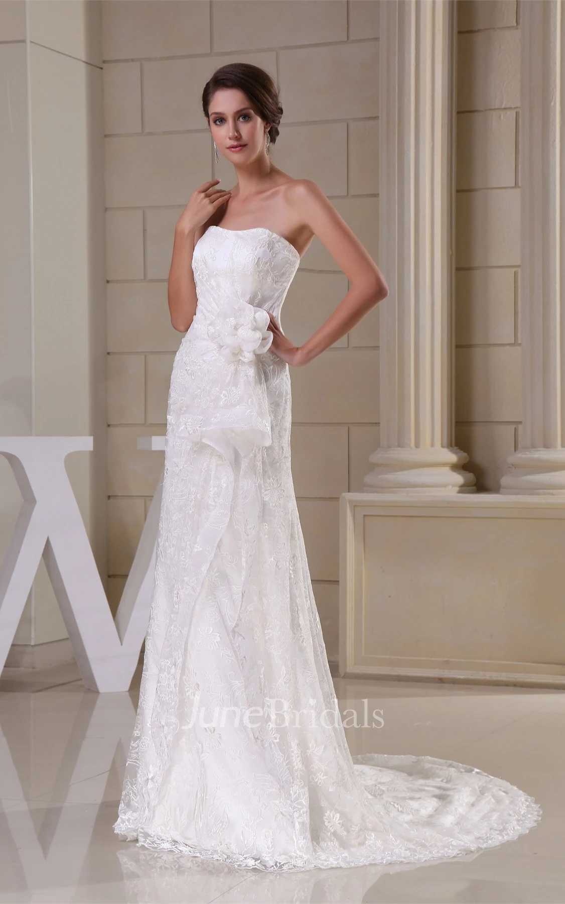 Strapless Lace Sheath Dress with Ruching and Flower