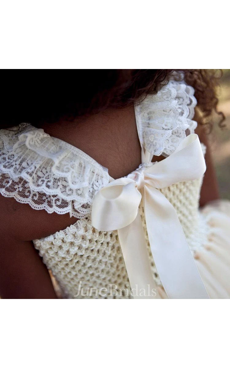 Vintage Ruffled Lace Strap Pearl Flower Bust A-line Tulle Dress With Bow Sash