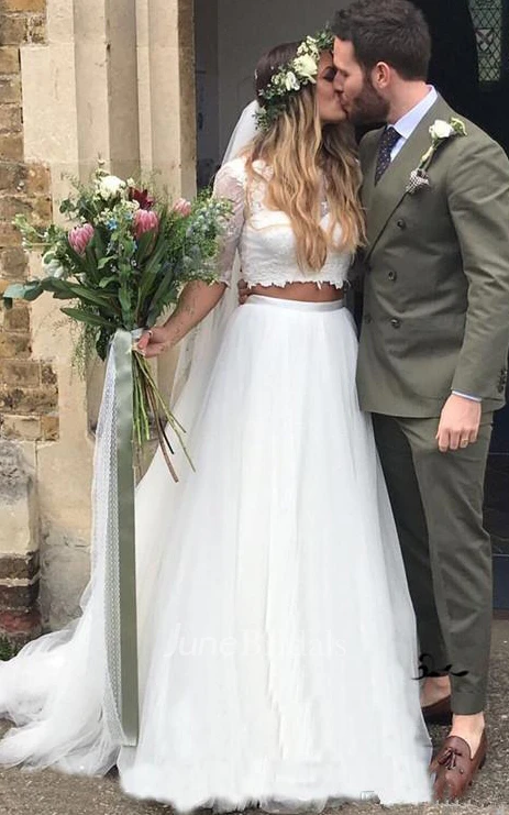 Sexy Two Piece Lace Tulle Bateau Half Sleeve Wedding Dress with Ruffles