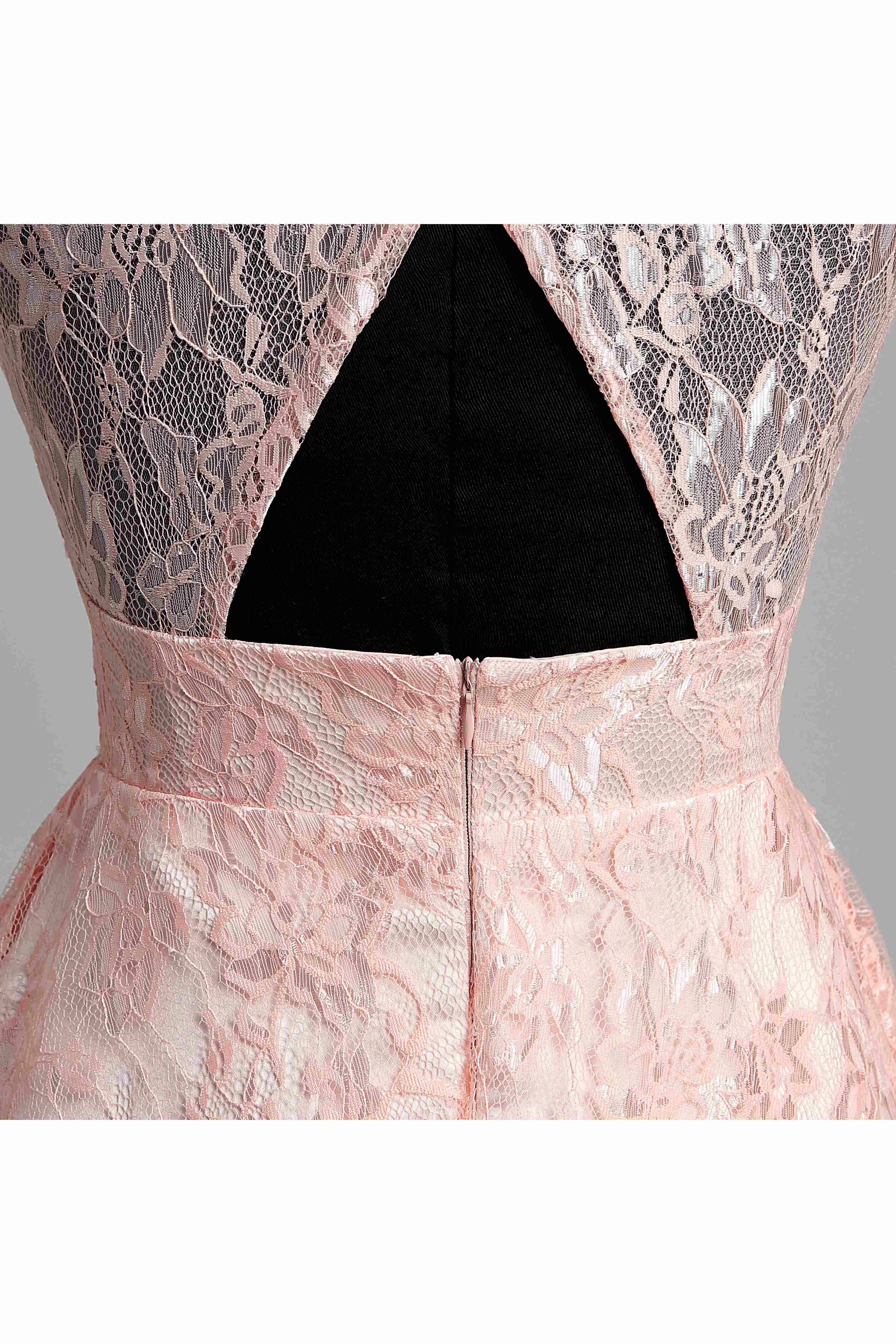 Short/Mini A-line High Neck Sleeveless Lace Dress with Illusion and Keyhole Back