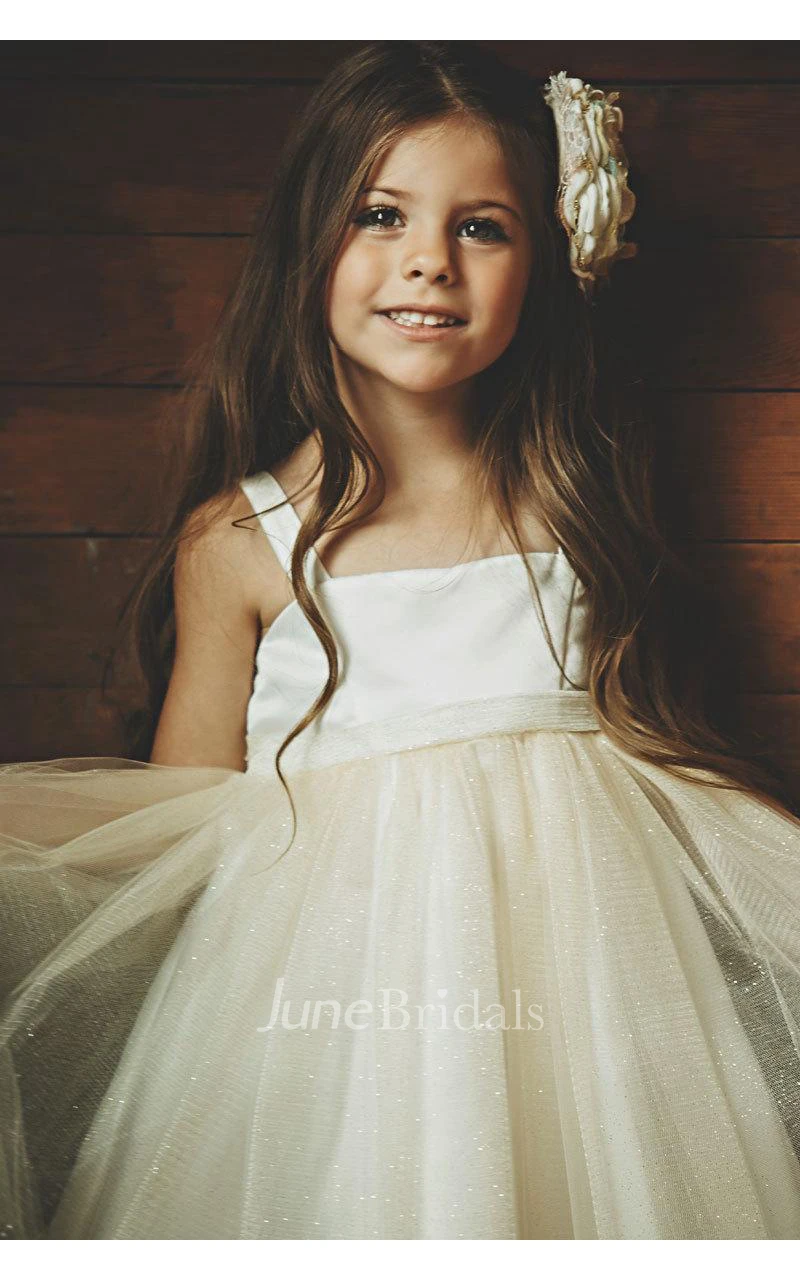 Sleeveless Pleated Gold Satin and Tulle Flower Girl Dress